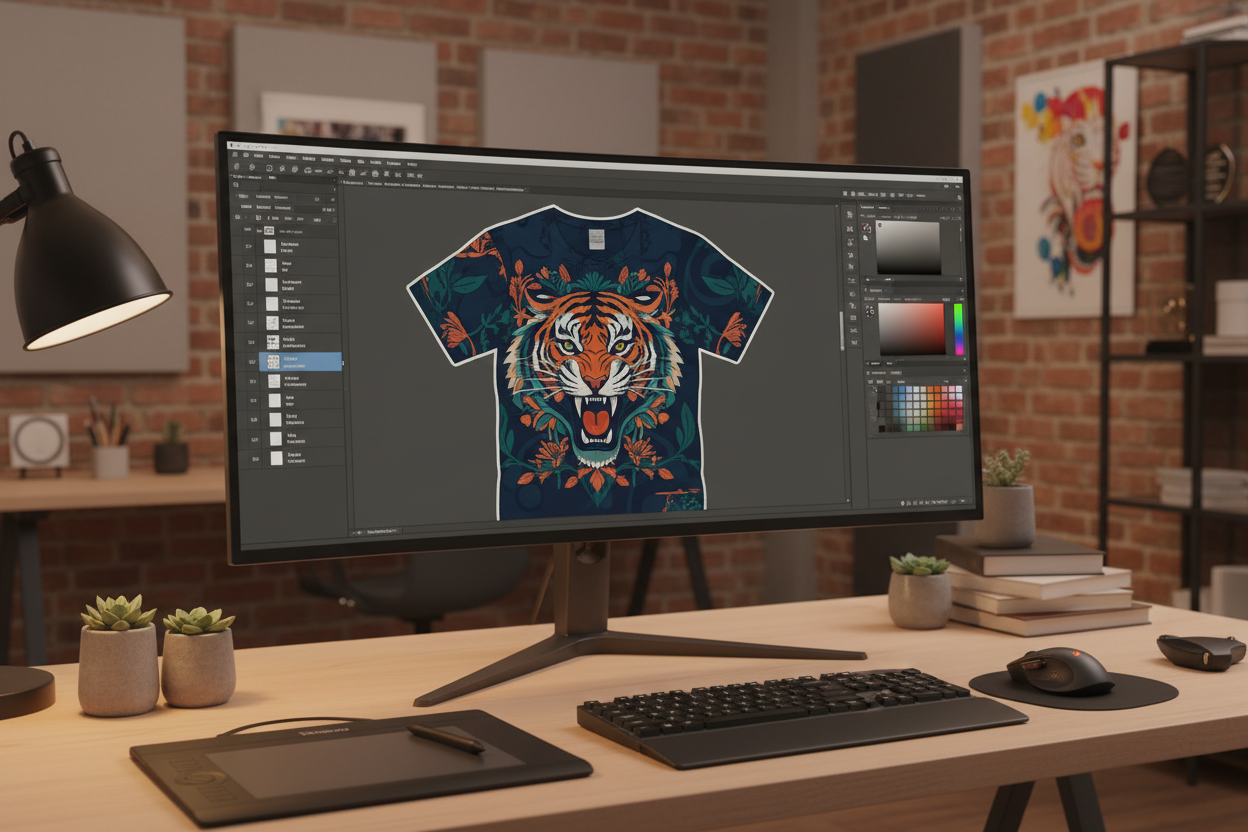 With a shirt design on the computer screen